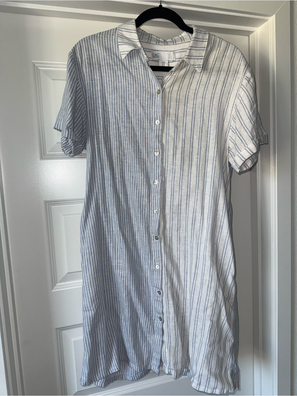 C&C California Blue & White Striped Short-Sleeve Button-Down Linen Shirt Dress M